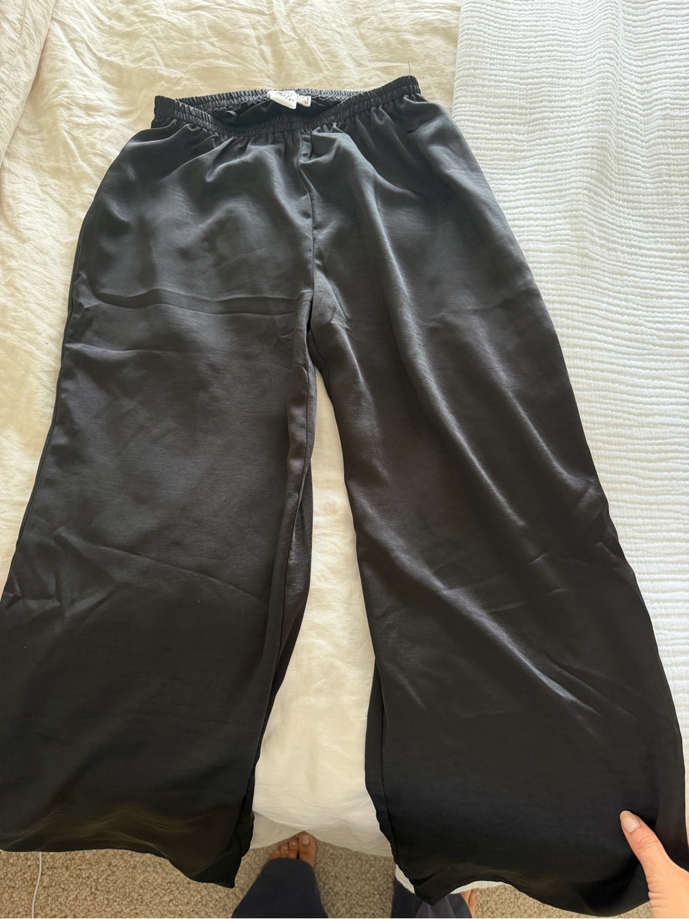 Princess Polly Black Satin Elastic Waist Wide Leg Pants